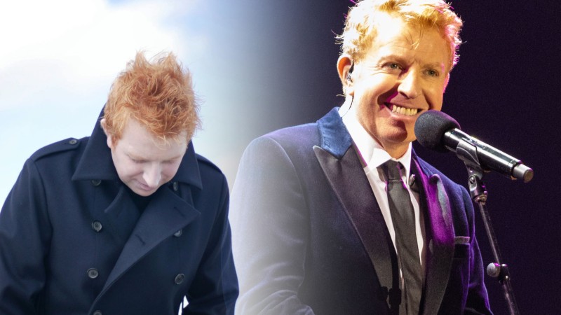 Two images of Tommy Fleming, on the left, him outside on a brisk day against a blue sky with white clouds, on the right Tommy on stage, at the mic, suited and ready for the show.