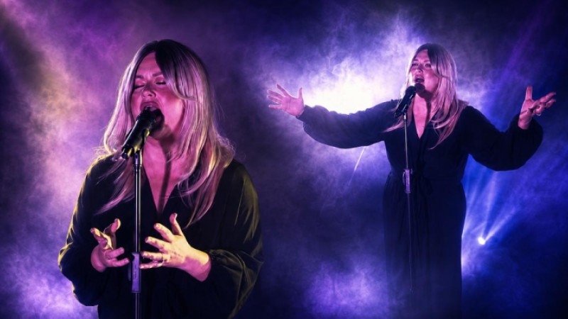 Two images of Mikaela singing in front of a black and purple background.