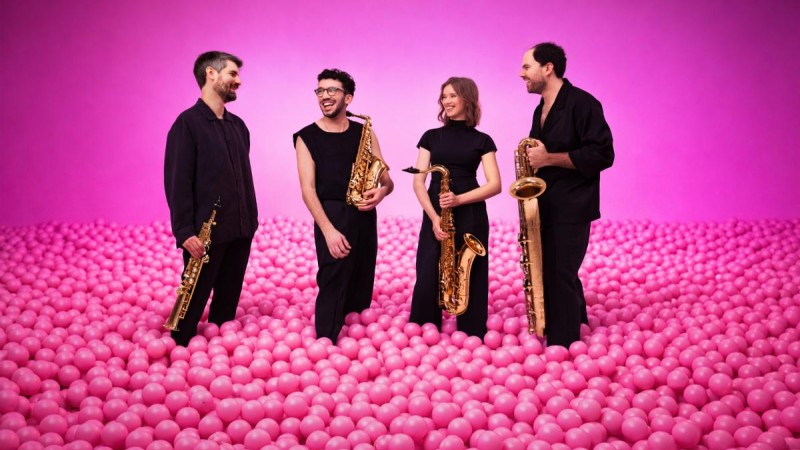 The four members of Arcis talking and smiling, holding their instruments, standing in a field of hot pink blobs up to their ankles against a hot pink backdrop.