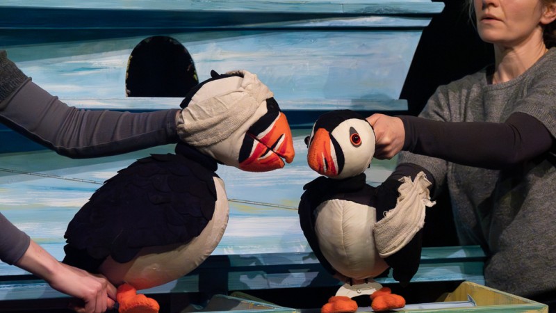 Two puffin puppets syanding on a crate, the puppeteers can be seen dressed in drab grey clothes.