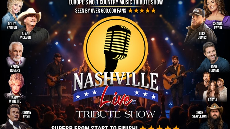 A logo featuring a microphone reads "Nashville Live Tribute Show" against a backdrop of the band performing on stage. The logo is flanked by images of the performers with the names of their counterparts such as Jonny Cash, Tammy Wynette, Dolly Parton, Kenny Rogers and Shania Twain"