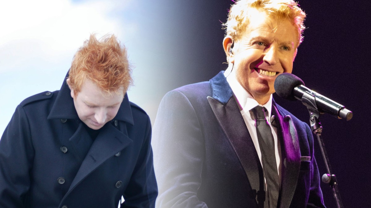 Two images of Tommy Fleming, on the left, him outside on a brisk day against a blue sky with white clouds, on the right Tommy on stage, at the mic, suited and ready for the show.